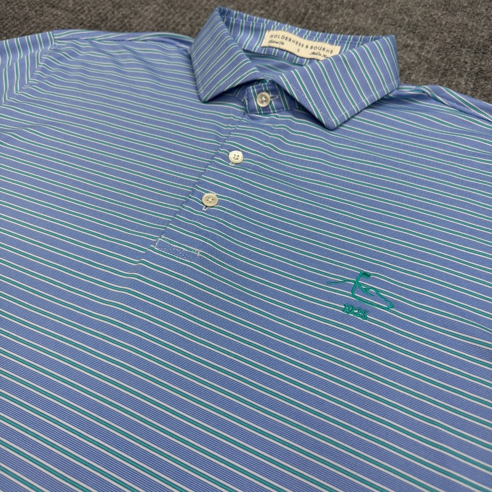 Holderness & Bourne The Mitchell Laguna Polo Shirt Mens L Blue Green Stripe Golf